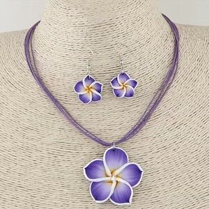New! Passionate Purple Pendant Flower Zircon Necklace Matching Drop Earrings
